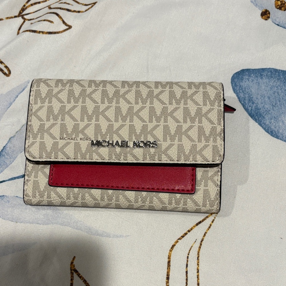 Michael Kors Beige and Dark raspberry Monogram Wallet